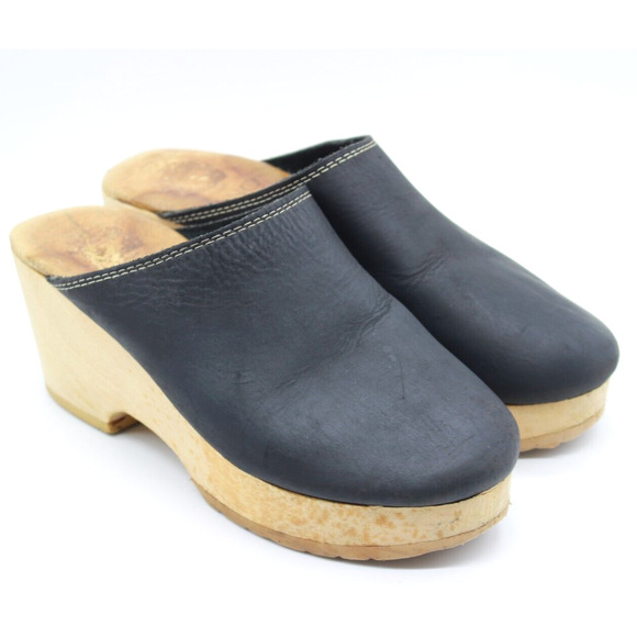 VTG Tano Womens Suki Leather Platform Wood Clogs Black Made In Spain Size 8 - Picture 2 of 7